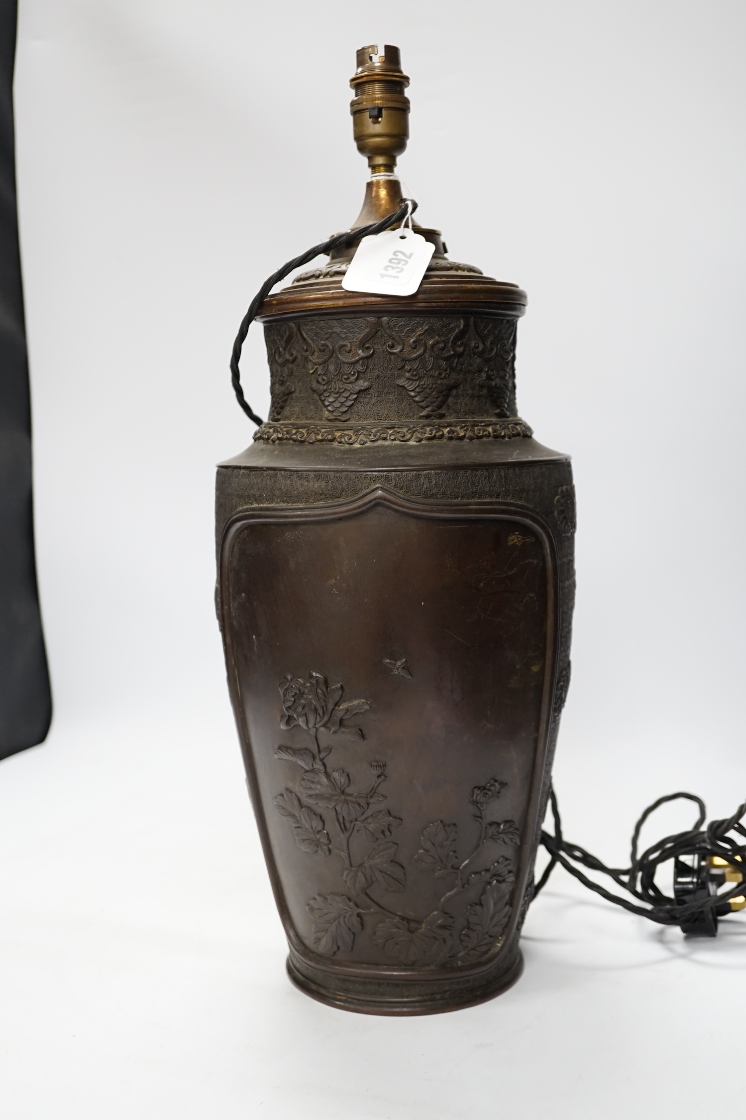 A Japanese bronze vase, converted to a lamp, 52cm high